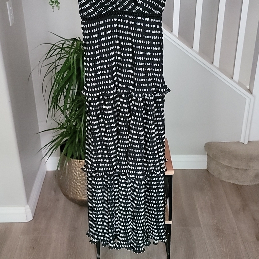 Lulus Do-Si-Do Pleated Tiered Midi Dress | Black Polka Dot Sleeveless | Size S - Picture 7 of 12